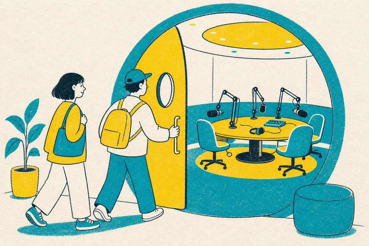 Ilustração: Visitantes em sala do Clubhouse
